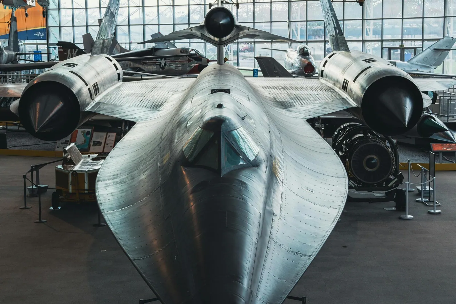 The Lockheed M-21 Blackbird seen head-on in the Museum of Flight's Great Gallery