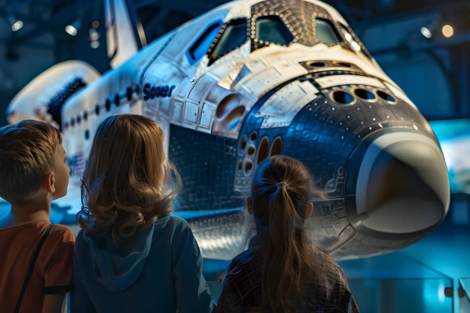 Children looking up at the full-scale NASA Space Shuttle Trainer in the museum's space gallery
