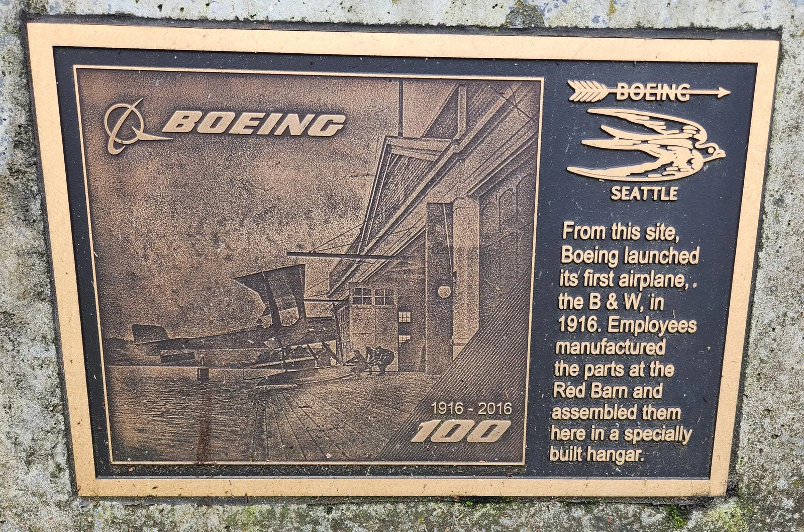 The centennial plaque marking the Lake Union site where Boeing launched its first airplane, the B&W, in 1916